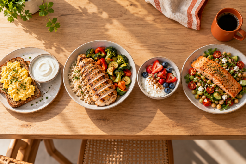 Cuatro comidas de un mismo día con una ración de proteína en cada plato para repartir la proteína necesito al día